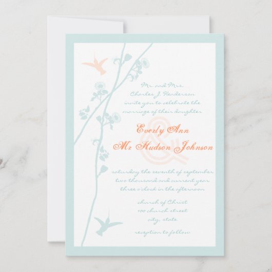 Aqua Blue Coral Flower Humming Bird Wedding Kaart (Voorkant)