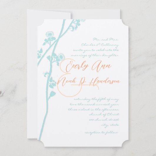 Aqua Blue Coral Flower Wedding Invitation Kaart (Voorkant)