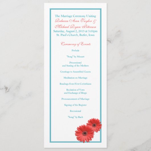 Aqua Blue Coral Gerbera Daisy Wedding Program Programmakaart (Voorkant)