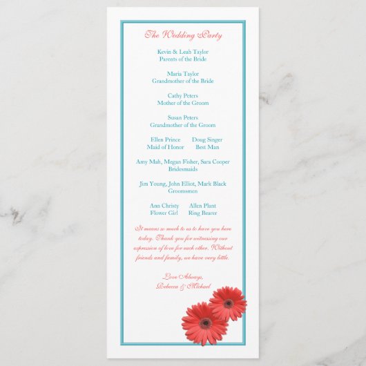 Aqua Blue Coral Gerbera Daisy Wedding Program Programmakaart (Achterkant)