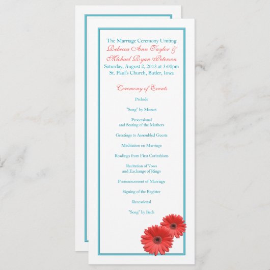 Aqua Blue Coral Gerbera Daisy Wedding Program Programmakaart (Voorkant / Achterkant)
