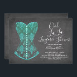 Aqua Blue Corset Lingerie Bridal Shower Kaart<br><div class="desc">Ooh La La Lingerie Bridal Shower Uitnodiging met een gele aqua blue corset op een populaire chalkboardachtergrond met een coördinerende achterzijde</div>
