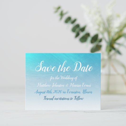 Aqua Blue Crackle Save the Date Briefkaart (Staand voorkant)