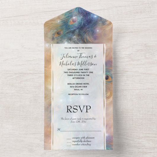 Aqua Blue Cream pauwenveren All In One Uitnodiging (Binnen)