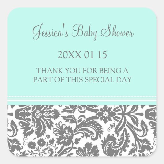 Aqua Blue Damask Baby shower Favor Stickers (Voorkant)