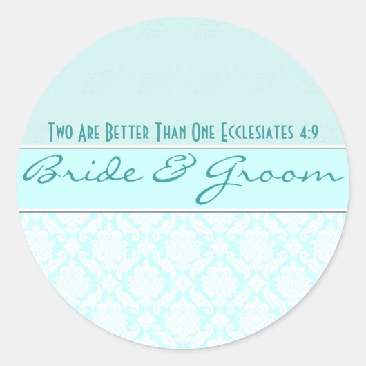 Aqua Blue Damask  Damask Trouwgunsten Ronde Sticker (Voorkant)
