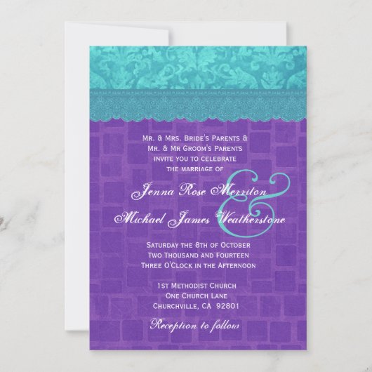 Aqua Blue Damask en Paars Wedding A004 Kaart (Voorkant)