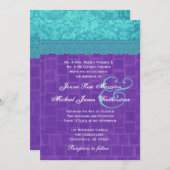 Aqua Blue Damask en Paars Wedding A004 Kaart (Voorkant / Achterkant)