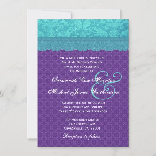 Aqua Blue Damask en Paars Wedding A05 Kaart (Voorkant)