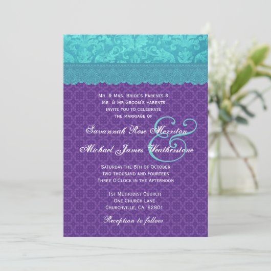 Aqua Blue Damask en Paars Wedding A05 Kaart (Staand voorkant)