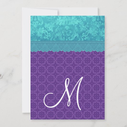 Aqua Blue Damask en Paars Wedding A05 Kaart (Achterkant)