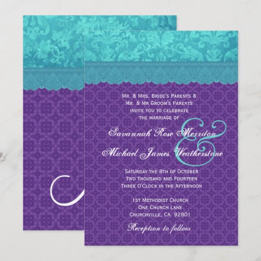 Aqua Blue Damask en Paars Wedding A05 Kaart (Voorkant / Achterkant)