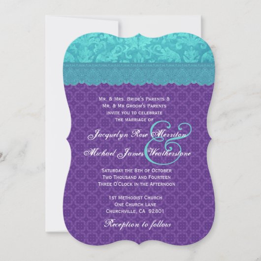Aqua Blue Damask en Paarse Wedding Sjabloon A06 Kaart (Voorkant)