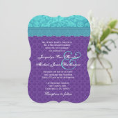 Aqua Blue Damask en Paarse Wedding Sjabloon A06 Kaart (Staand voorkant)