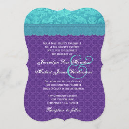 Aqua Blue Damask en Paarse Wedding Sjabloon A06 Kaart