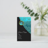 AQUA BLUE DAMASK GEMSTONE MONOGRAM Blauwgroen Visitekaartje (Staand voorkant)
