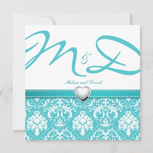 Aqua Blue Damask met gepersonaliseerd monogram Kaart (Voorkant)