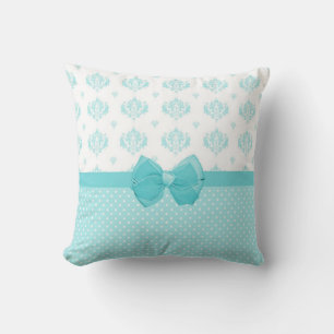 Aqua Blue Damask met Turquoise Ribbon Kussen
