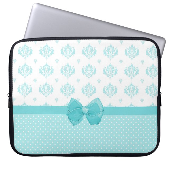 Aqua Blue Damask met Turquoise Ribbon Laptop Sleeve (Voorkant)
