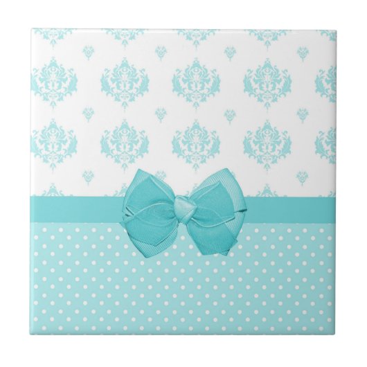 Aqua Blue Damask met Turquoise Ribbon Tegeltje (Voorkant)