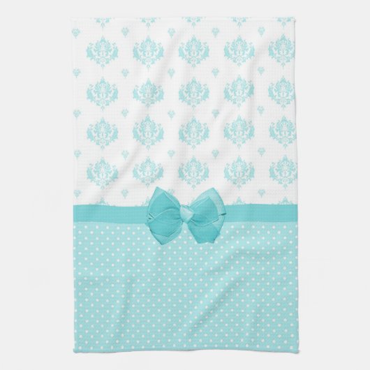 Aqua Blue Damask met Turquoise Ribbon Theedoek (Verticaal)