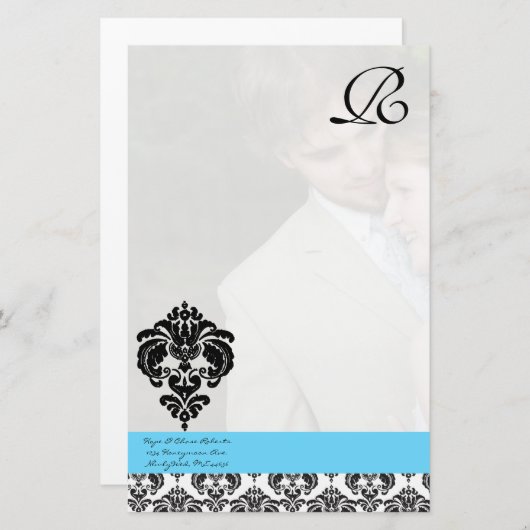 Aqua Blue Damask Monogram bruiloft Briefpapier (Voorkant / Achterkant)