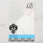 Aqua Blue Damask Monogram bruiloft Briefpapier (Voorkant)