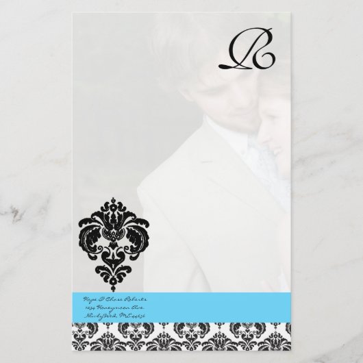Aqua Blue Damask Monogram bruiloft Briefpapier (Voorkant)