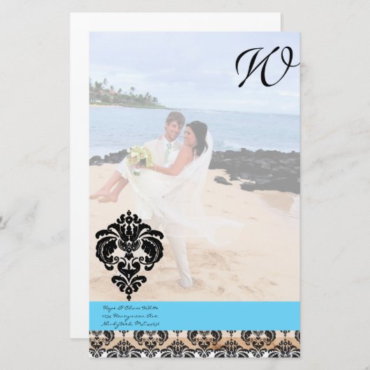 Aqua Blue Damask Monogram bruiloft Briefpapier (Voorkant / Achterkant)