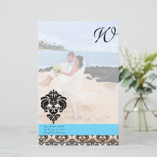 Aqua Blue Damask Monogram bruiloft Briefpapier (Staand voorkant)