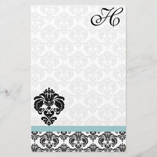 Aqua Blue Damask Monogram Gerecycled papier (Voorkant)