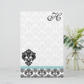 Aqua Blue Damask Monogram Gerecycled papier (Staand voorkant)