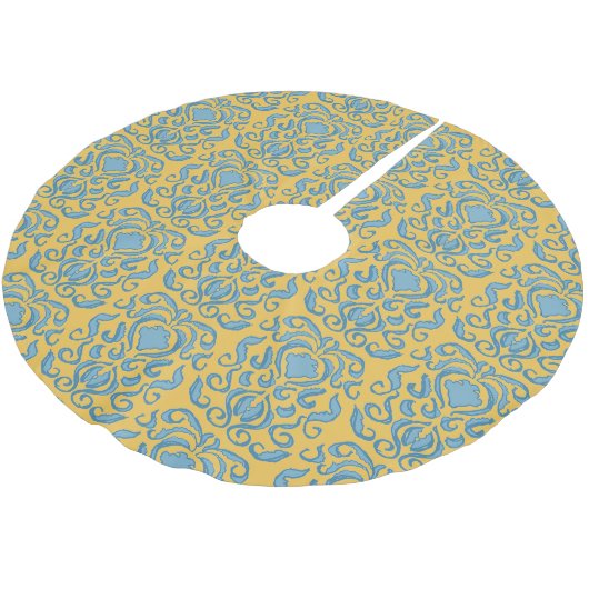 Aqua Blue Damask Old World Cream Yellow Kerstboom Rok (Gekanteld)