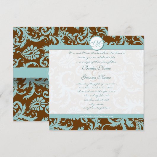 Aqua Blue Damask op bruine kerstbruiloft Kaart (Voorkant / Achterkant)