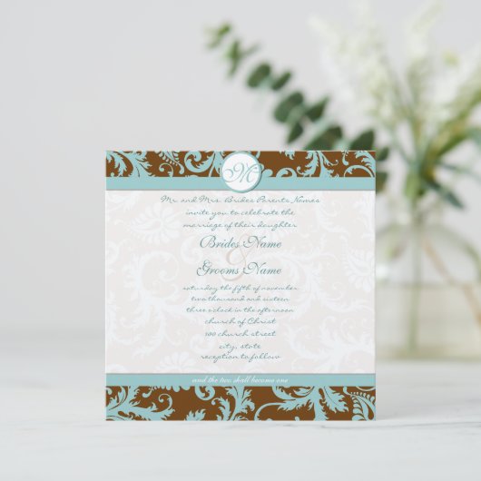 Aqua Blue Damask op bruine kerstbruiloft Kaart (Staand voorkant)