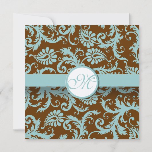 Aqua Blue Damask op bruine kerstbruiloft Kaart (Achterkant)