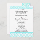 Aqua Blue Damask op witte bruiloft uitnodiging (Voorkant / Achterkant)