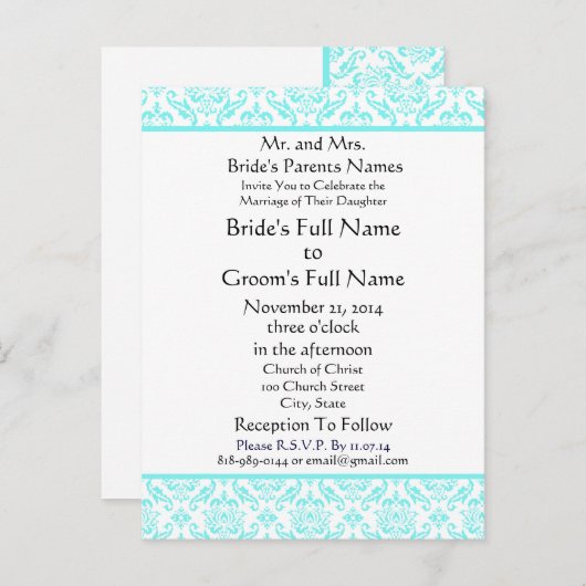 Aqua Blue Damask op witte bruiloft uitnodiging (Voorkant / Achterkant)