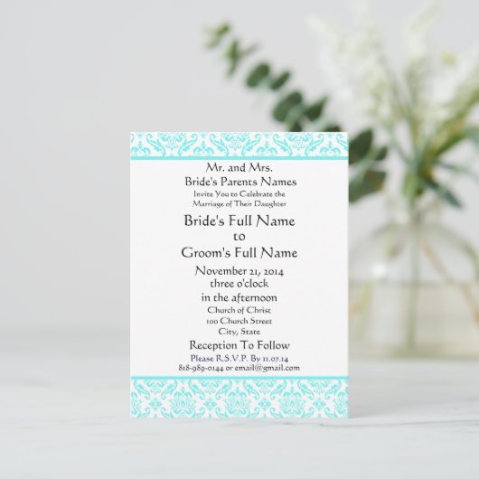 Aqua Blue Damask op witte bruiloft uitnodiging (Staand voorkant)