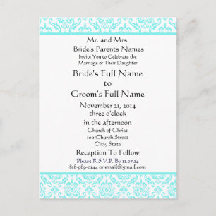 Aqua Blue Damask op witte bruiloft uitnodiging Briefkaart