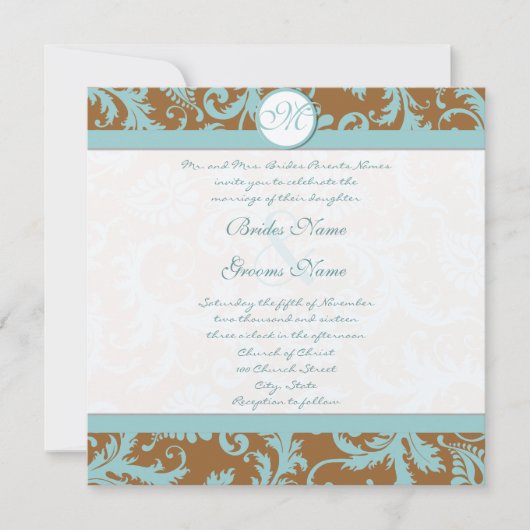 Aqua Blue Damask over de uitnodiging tot brute bru (Voorkant)