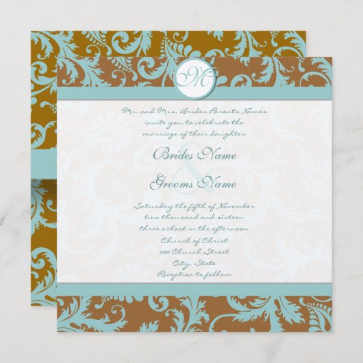 Aqua Blue Damask over de uitnodiging tot brute bru (Voorkant / Achterkant)