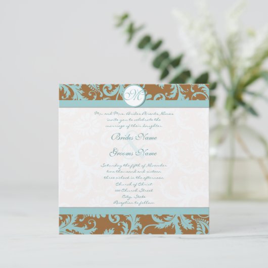 Aqua Blue Damask over de uitnodiging tot brute bru (Staand voorkant)