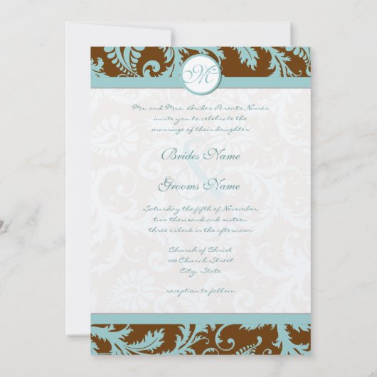 Aqua Blue Damask over de uitnodiging tot brute bru (Achterkant)