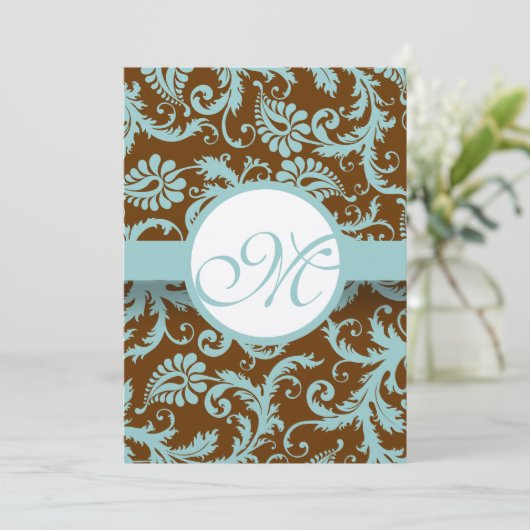 Aqua Blue Damask over de uitnodiging tot brute bru (Staand voorkant)