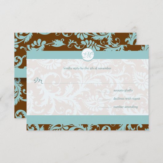 Aqua Blue Damask over de uitnodiging tot brute bru (Voorkant / Achterkant)