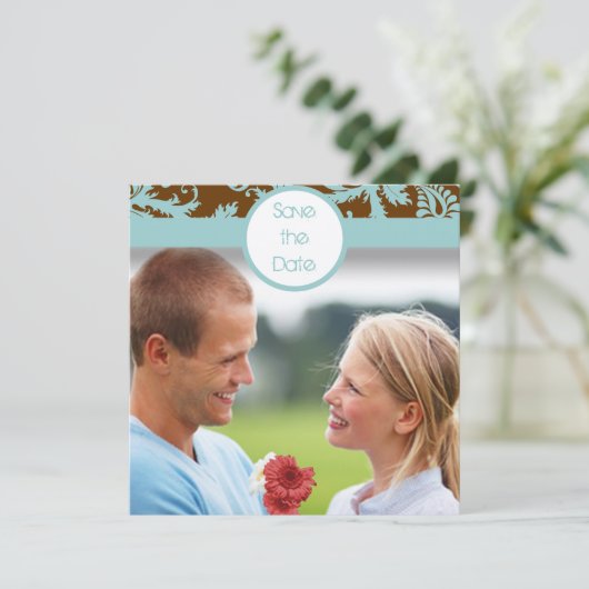 Aqua Blue Damask over de uitnodiging tot brute bru (Staand voorkant)