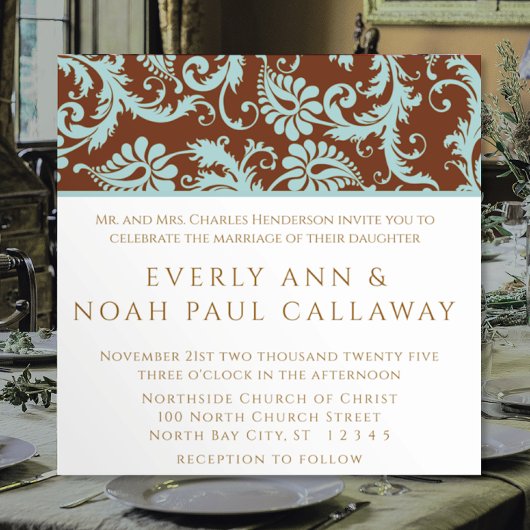 Aqua Blue Damask over de uitnodiging tot brute bru