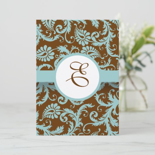 Aqua Blue Damask over de uitnodiging tot brute bru (Staand voorkant)