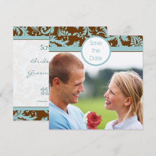 Aqua Blue Damask over de uitnodiging tot brute bru (Voorkant / Achterkant)